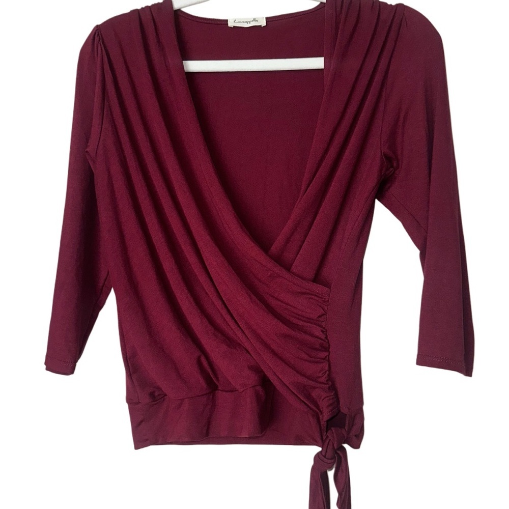 Loveappella Elegant Burgundy Faux Tie Wrap Top Size Small New WOT - Picture 8 of 9
